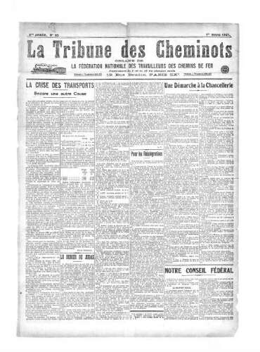 La Tribune des cheminots, n° 85, 1er mars 1921
