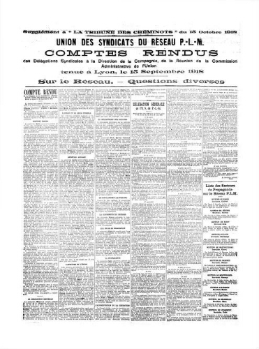 La Tribune des cheminots, supplément au n° 29, 15 octobre 1918