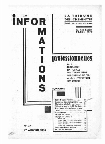 La Tribune des cheminots : les informations professionnelles de la Fédération nationale des travailleurs des chemins de fer, n° 24, 1er janvier 1942