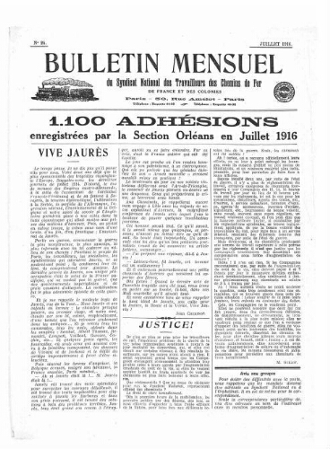 Bulletin mensuel du syndicat national des travailleurs des chemins de fer de France et des colonies, n° 24, Juillet 1916