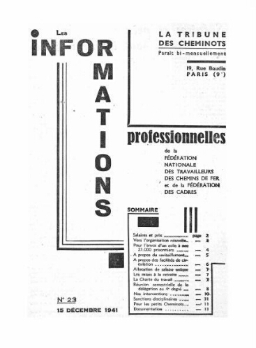 La Tribune des cheminots : les informations professionnelles de la Fédération nationale des travailleurs des chemins de fer, n° 23, 15 décembre 1941