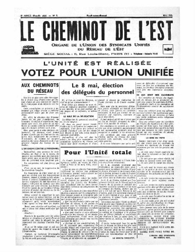 Le Cheminot de l'Est, n° 3, Mai 1935