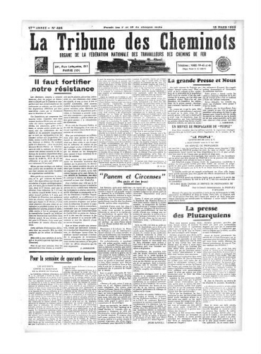 La Tribune des cheminots [confédérés], n° 424, 15 mars 1933