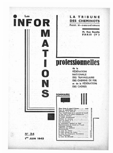 La Tribune des cheminots : les informations professionnelles de la Fédération nationale des travailleurs des chemins de fer, n° 34, 1er juin 1942