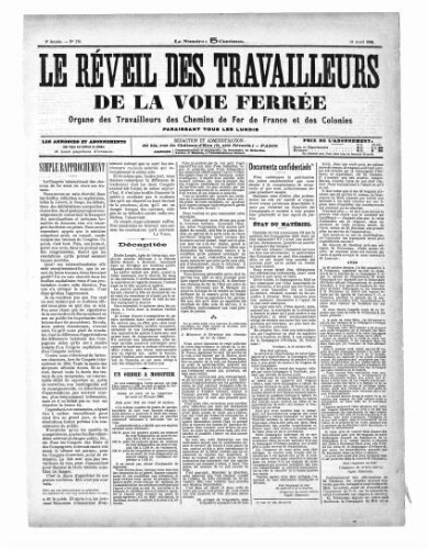 Le Réveil des travailleurs de la voie ferrée, n° 179, 13 avril 1896