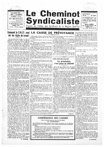 Le Cheminot syndicaliste, n° 332 (n° 6 de l'année 1939), 25 mars 1939
