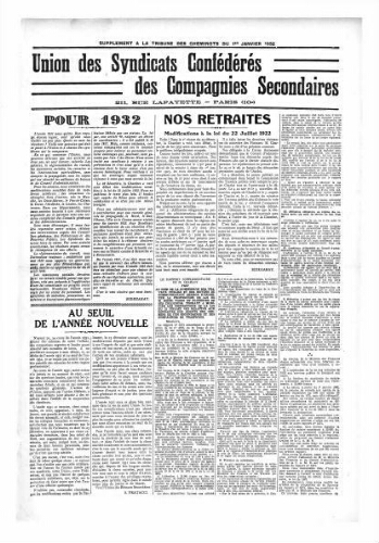 La Tribune des cheminots [confédérés], supplément au n° 395, 1er janvier 1932