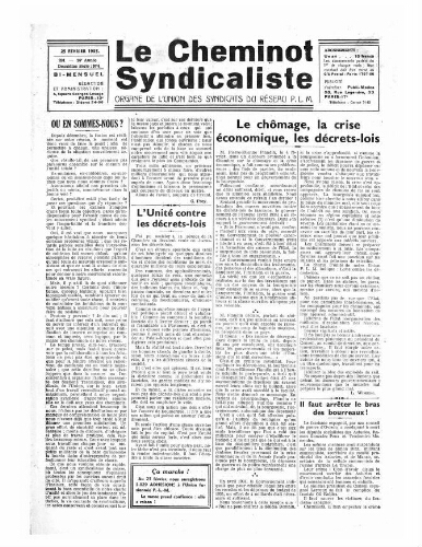 Le Cheminot syndicaliste, n° 231 ( n° 4 de l'année 1935), 25 février 1935