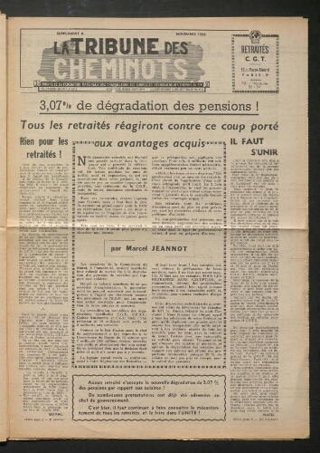 La Tribune des cheminots retraités CGT, supplément, Novembre 1958