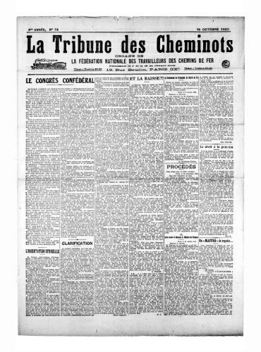 La Tribune des cheminots, n° 76, 15 octobre 1920
