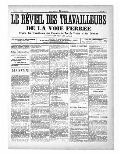 Le Réveil des travailleurs de la voie ferrée, n° 182, 11 mai 1896