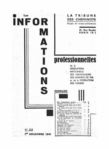 La Tribune des cheminots : les informations professionnelles de la Fédération nationale des travailleurs des chemins de fer, n° 22, 1er décembre 1941