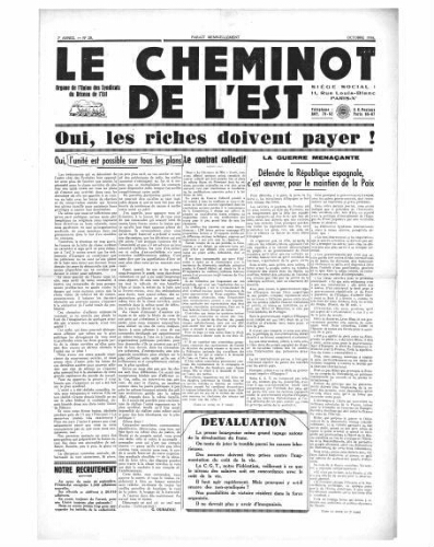 Le Cheminot de l'Est, n° 20, Octobre 1936
