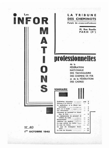 La Tribune des cheminots : les informations professionnelles de la Fédération nationale des travailleurs des chemins de fer, n° 40, 1er octobre 1942