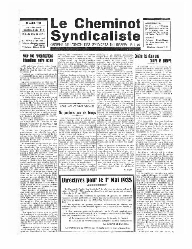 Le Cheminot syndicaliste, n° 234 ( n° 7 de l'année 1935), 10 avril 1935