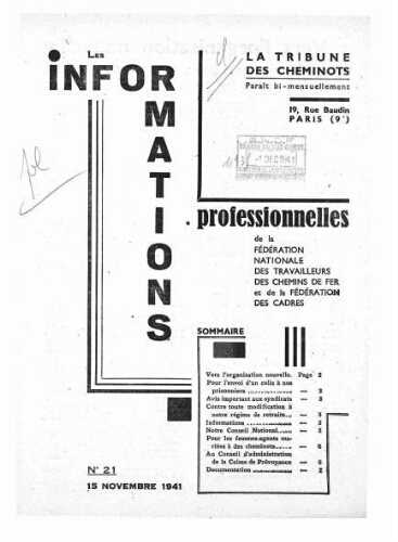 La Tribune des cheminots : les informations professionnelles de la Fédération nationale des travailleurs des chemins de fer, n° 21, 15 novembre 1941