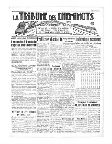 La Tribune des cheminots, [sans numérotation], 1er décembre 1946