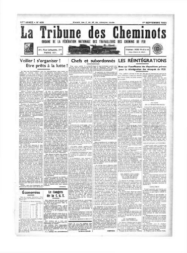 La Tribune des cheminots [confédérés], n° 435, 1er septembre 1933