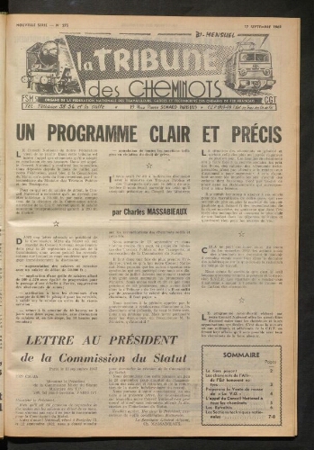La Tribune des cheminots, n° 275, 17 septembre 1962