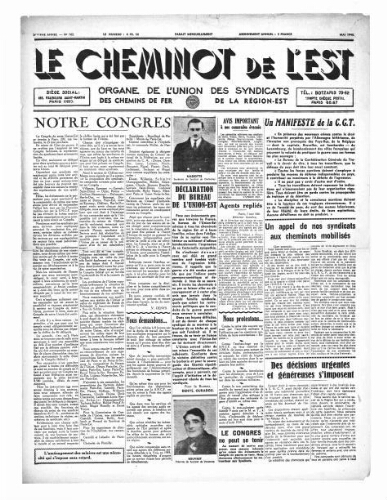Le Cheminot de l'Est, n° 162, Mai 1940
