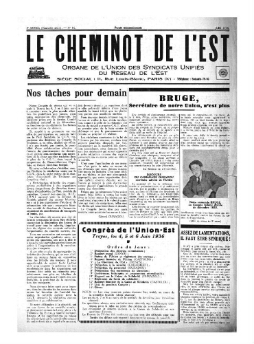 Le Cheminot de l'Est, n° 16, Juin 1936