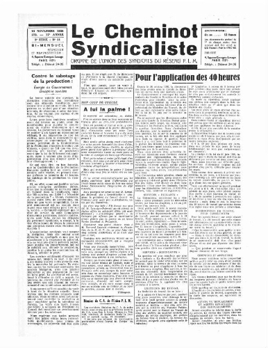 Le Cheminot syndicaliste, n° 273 (n° 21 de l'année 1936), 10 novembre 1936