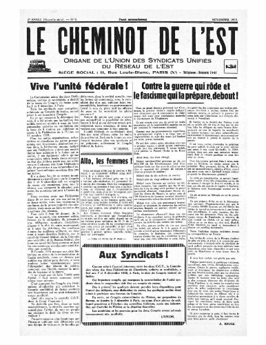 Le Cheminot de l'Est, n° 9, Novembre 1935