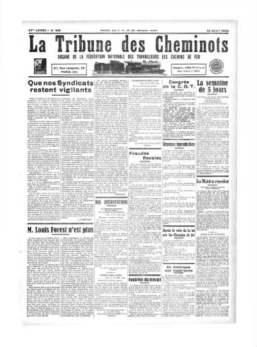 La Tribune des cheminots [confédérés], n° 434, 15 août 1933