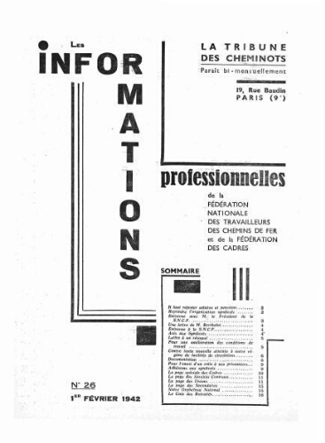 La Tribune des cheminots : les informations professionnelles de la Fédération nationale des travailleurs des chemins de fer, n° 26, 1er février 1942
