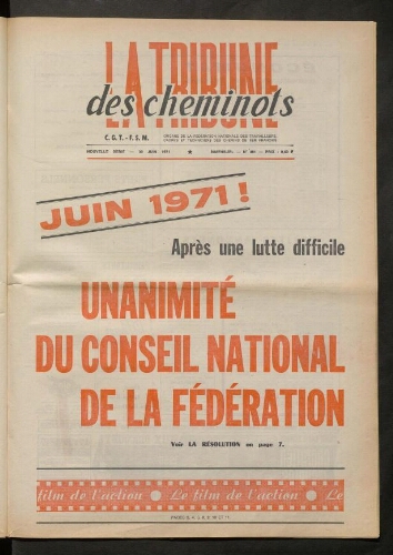 La Tribune des cheminots, n° 461, 30 juin 1971