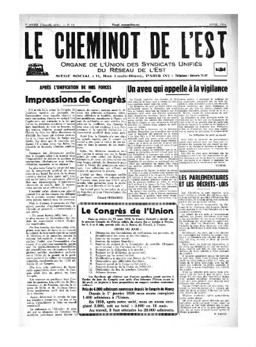 Le Cheminot de l'Est, n° 14, Avril 1936