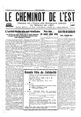 Le Cheminot de l'Est, n° 11, Janvier 1936