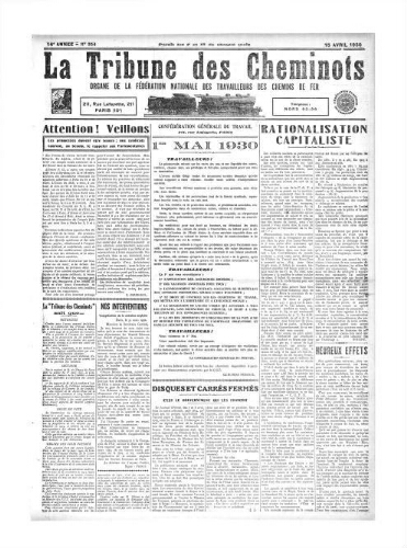 La Tribune des cheminots [confédérés], n° 354, 15 avril 1930