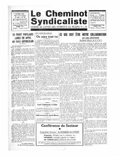 Le Cheminot syndicaliste, n° 262 (n° 10 de l'année 1936), 25 mai 1936