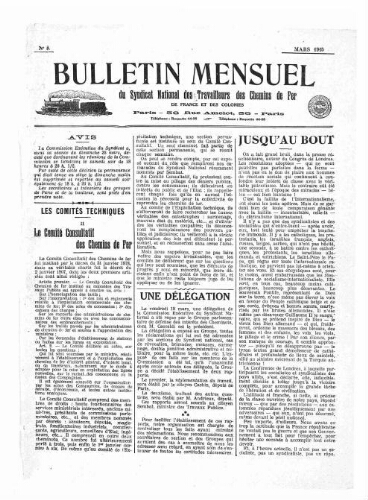 Bulletin mensuel du syndicat national des travailleurs des chemins de fer de France et des colonies, n° 8, Mars 1915