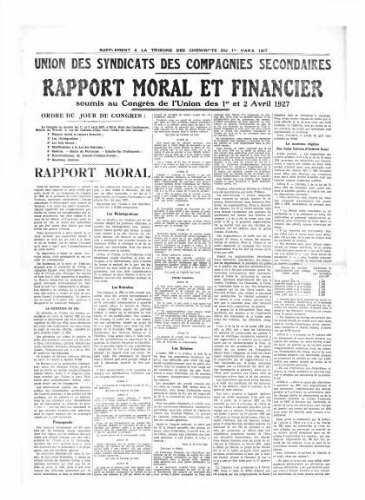 La Tribune des cheminots [confédérés], supplément au n° 279, 1er mars 1927