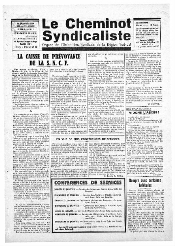 Le Cheminot syndicaliste, n° 327 (n° 1 de l'année 1939), 10 janvier 1939