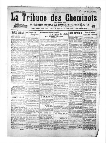 La Tribune des cheminots, n° 22, 1er juillet 1918