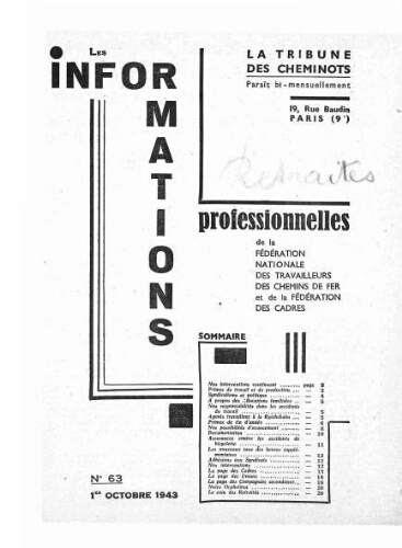 La Tribune des cheminots : les informations professionnelles de la Fédération nationale des travailleurs des chemins de fer, n° 63, 1er octobre 1943