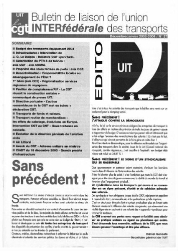 Bulletin de liaison de l'Union Interfédérale des Transports, n° 37, Décembre 2003 - Janvier 2004