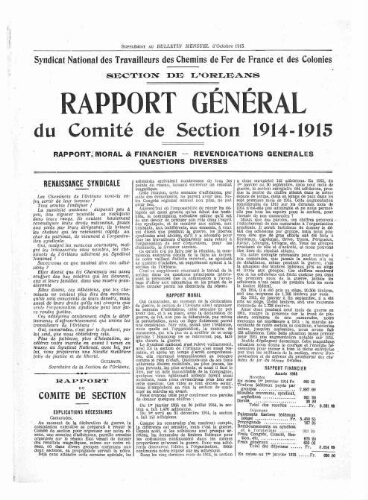 Bulletin mensuel du syndicat national des travailleurs des chemins de fer de France et des colonies, supplément au n° 15, Octobre 1915