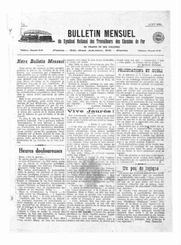 Bulletin mensuel du syndicat national des travailleurs des chemins de fer de France et des colonies, n° 1, Août 1914