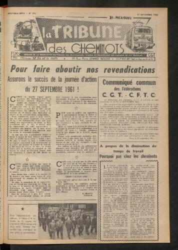 La Tribune des cheminots, n° 253, 15 septembre 1961