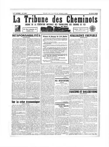 La Tribune des cheminots [confédérés], n° 430, 15 juin 1933