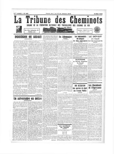 La Tribune des cheminots [confédérés], n° 428, 15 mai 1933