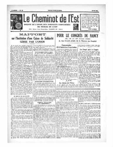 Le Cheminot de l'Est, n° 13, Mars 1930