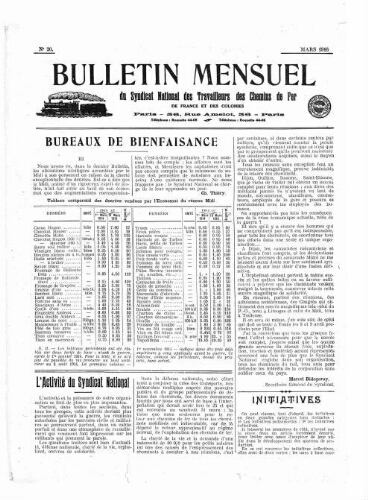 Bulletin mensuel du syndicat national des travailleurs des chemins de fer de France et des colonies, n° 20, Mars 1916