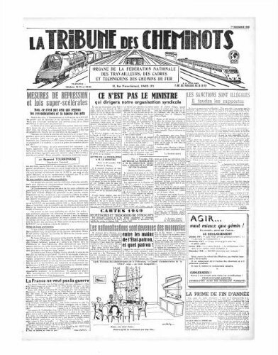 La Tribune des cheminots, [sans numérotation], 1er décembre 1948