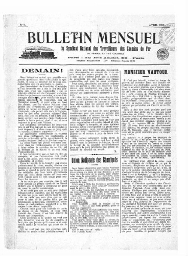 Bulletin mensuel du syndicat national des travailleurs des chemins de fer de France et des colonies, n° 9, Avril 1915