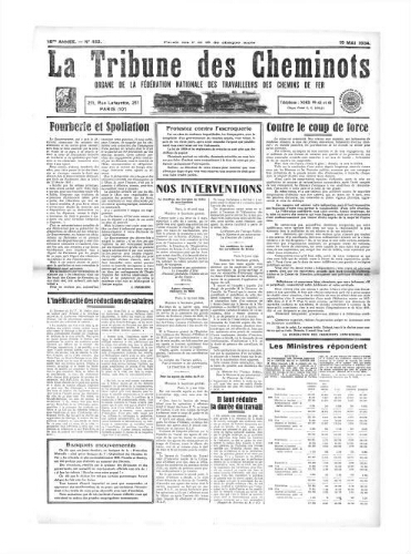 La Tribune des cheminots [confédérés], n° 452, 15 mai 1934